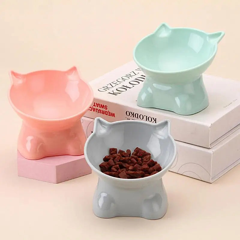 Pet Bowl Water Food Feeding Dish Plate Pet Supplies Cartoon Cat Shape Tilted Anti-overturn Raised Base Protect Cervical Spine