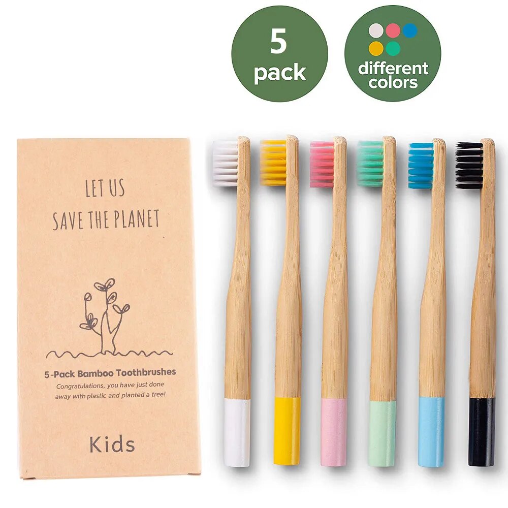 Kids Bamboo Toothbrushes 5 Pack BPA Free Soft Bristles Toothbrush Eco Friendly Natural Bamboo Toothbrush Set Compostable Wooden