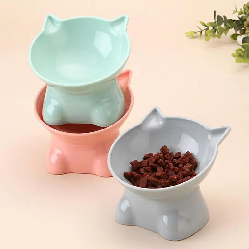 Pet Bowl Water Food Feeding Dish Plate Pet Supplies Cartoon Cat Shape Tilted Anti-overturn Raised Base Protect Cervical Spine