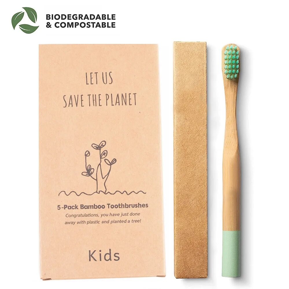 Kids Bamboo Toothbrushes 5 Pack BPA Free Soft Bristles Toothbrush Eco Friendly Natural Bamboo Toothbrush Set Compostable Wooden