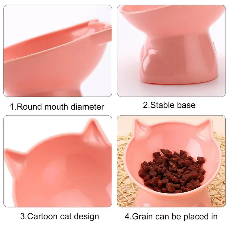 Pet Bowl Water Food Feeding Dish Plate Pet Supplies Cartoon Cat Shape Tilted Anti-overturn Raised Base Protect Cervical Spine