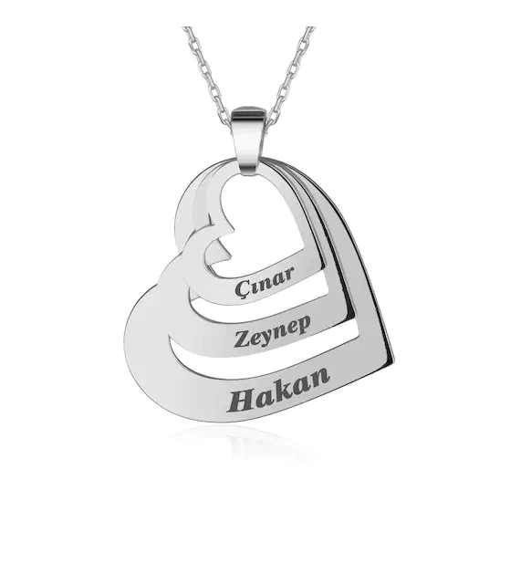 Three Customizable Names | White gold Color Heart Necklace