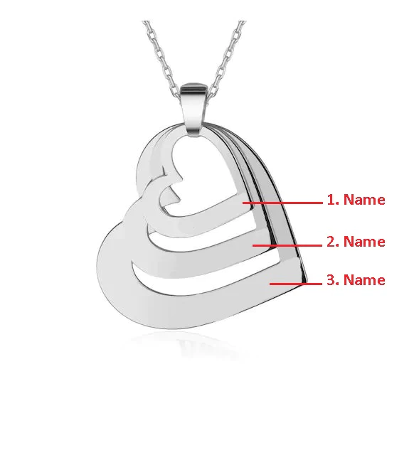 Three Customizable Names | White gold Color Heart Necklace